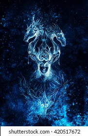 Man in mystic fire   ornamental dragons  pencil sketch paper  blue vinter effect 