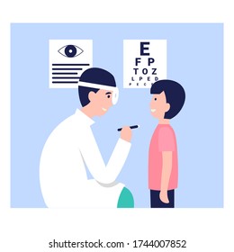 Man Oculist Doctor In A White Coat Check Vision Child. Eyesight Exam Chart. Male Specialists Ophthalmologist. Flat Cartoon Illustration.