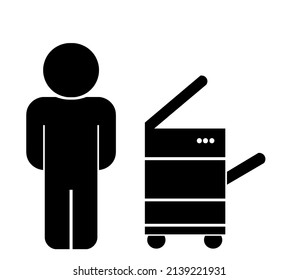 Man and an office printer black icon, flat style