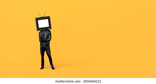 Man with an old television instead of a head. Passive subjects. Control and manipulation of mass media. Television audience. 3D illustration. Copy space.