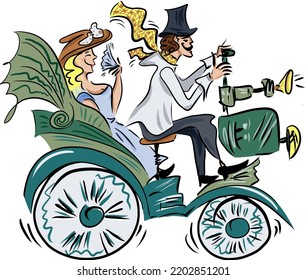 A Man In An Old-fashioned Suit And A Top Hat Is Driving A Retro Car. The Passenger Is A Lady In A Wide-brimmed Hat And A Magnificent Dress With A Fan. The History Of The Automotive Industry. 