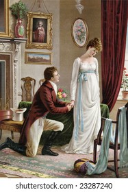 Man On Bended Knee Proposing Marriage To A Shy Woman - A Victorian Style Illustration, Circa 1830