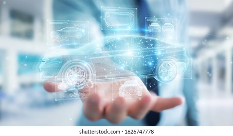 Man on blurred background holding and touching holographic smart car interface projection 3D rendering - Shutterstock ID 1626747778