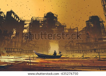 man on a boat floating in the sea against abandoned buildings with digital art style, illustration painting