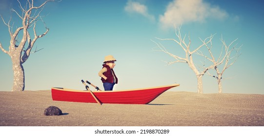 Man On A Boat In The Middle Of Desert. Dilemma And Stuck Concept. This Is A 3d Render Illustration