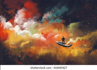 Man On A Boat In The Outer Space With Colorful Cloud,illustration