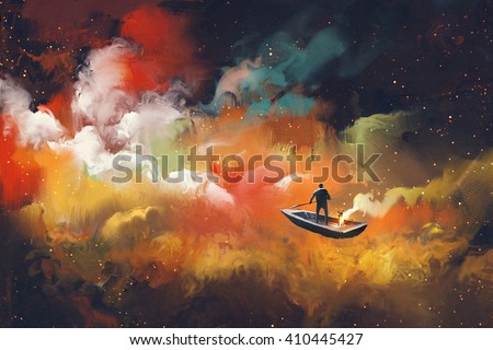 man on a boat in the outer space with colorful cloud,illustration