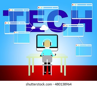 Man On Computer And Tech Word Represents Internet Web And Www