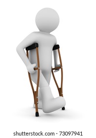 Man On Crutches On White Background. Isolated 3D Image