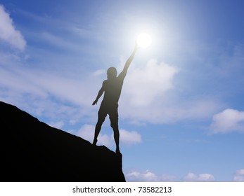 Man On The Edge Of A Cliff Stretches Towards The Sun