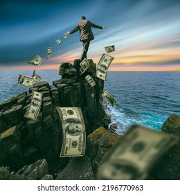 A Man On The Edge Of A Cliff Surrounded By Money. 3D Illustration. Imitation Of Oil Painting.