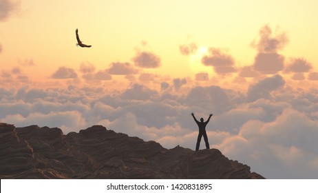 Man On A Mountain Peak. Eagle Flies Above Clouds. 3D Rendering