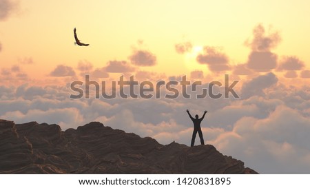Man on a mountain peak. Eagle flies above clouds. 3D rendering