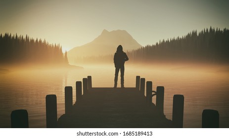 Man On Pontoon Admiring Sunset At The Lake . This Is A 3d Render Illustration . 