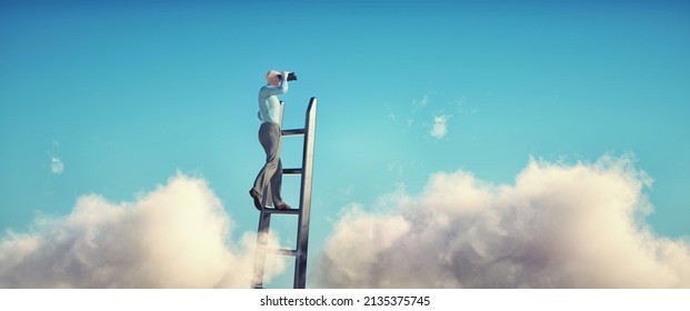 Man On Top Of A Ladder Looks Through Binoculars In The Clouds. Dreaming And Research Concept. This Is A 3d Render Illustration