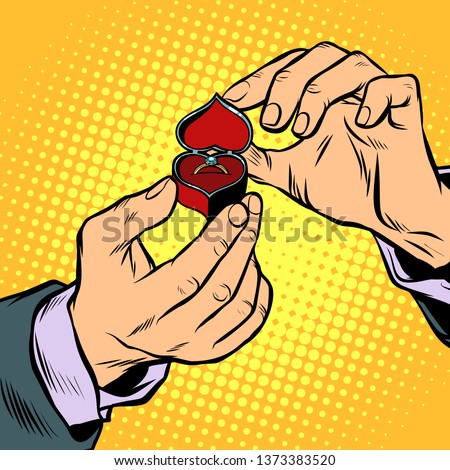 man opens a box with wedding ring. Pop art retro  illustration kitsch vintage