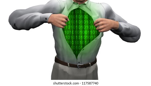 Man opens shirt to reveal binary streams