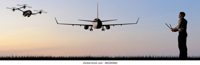 Man Operating A Flying Drone Quadrocopter UAV Near Commercial Airplane - 3d Rendering