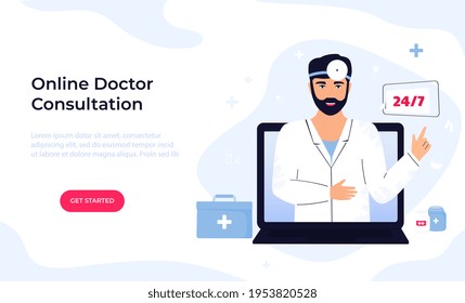 Man Otorhinolaryngologist Doctor With Head Reflector Consults Online By Video Call On Laptop. Ent Clinic. Telemedicine Concept. Chat With A Medical Worker. Web Page Template.