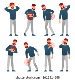 Man in pain. Sickness men pain areas, migraine headache and stomach ache. Painful hurts zones, human feel badly and hurt or emergency patient. Cartoon  isolated illustration icons set - Powered by Shutterstock