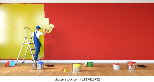 Man Painting Red Wall In Yellow Color. Remodelinig And Painting, 3d Rendering 