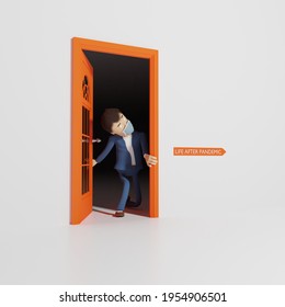 Man Peeking Through Open Orange Door Towards The End Of Pandemic. 3D Rendering.