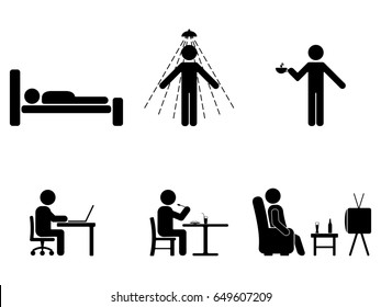 Man People Every Day Action Posture. Posture Stick Figure. Sleeping, Eating, Working, Icon Symbol Sign Pictogram