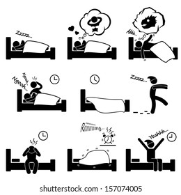 Man People Sleeping Dreaming Nightmare Snoring Walking Insomnia Waking Up Stick Figure Pictogram Icon