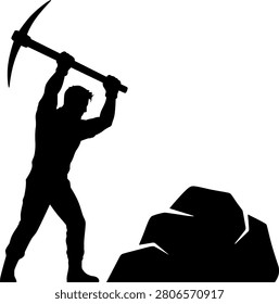 
man with pickaxe raised breaking a stone