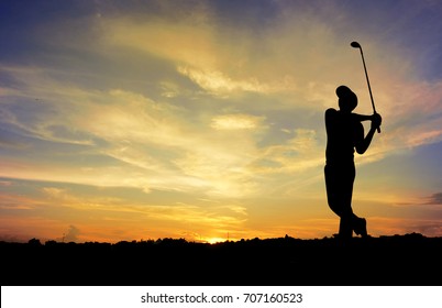 Man playing golf against sunset background. Focus on the Silhouette - Powered by Shutterstock