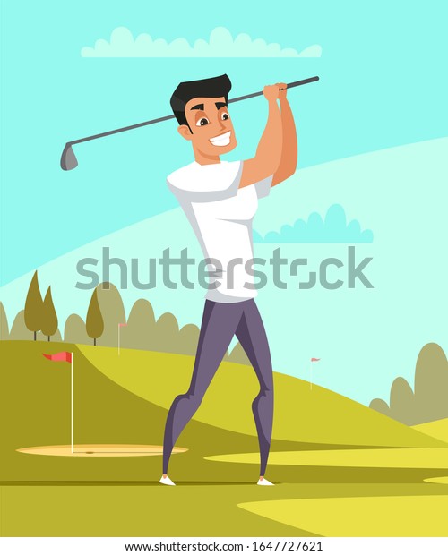 Man playing\
golf flat illustration. Cartoon male at court drawing. Park, trees\
and hills on bright green background. Middle class leisure time\
luxury activity. Raster\
copy