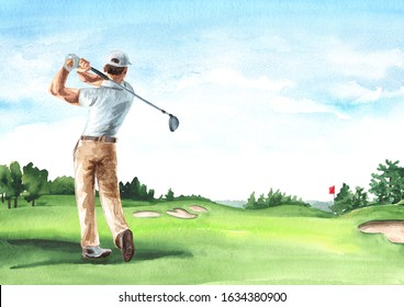 Man Playing Golf On Beautiful Golf Course With Green Field With A Rich Turf, Hand Drawn Watercolor Illustration And Background