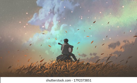 man playing guitar alone in the meadow, digital art style, illustration painting