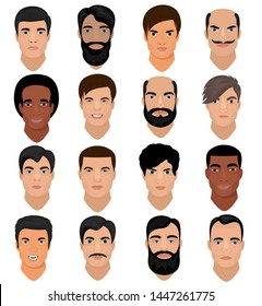 Man Portrait Male Character Face Of Boy With Hairstyle And Cartoon Manlike Person With Various Skin Tone And Beard Illustration Set Of Masculine Facial Features Isolated On White Background