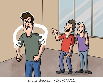 A man is practicing self control while being antagonized or mocked by two men