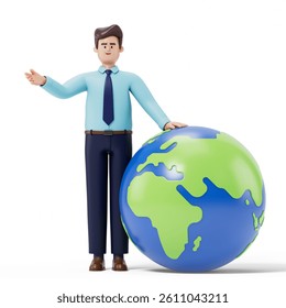 Man presenting a globe, symbolizing global outreach or international business. 3D rendering, conceptual image. Isolated on white background.