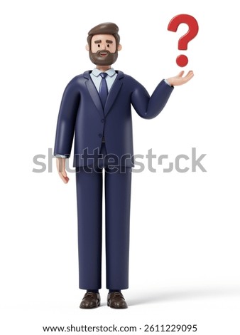 Man presenting a question mark, symbolizing inquiry or seeking answers. 3D rendering, conceptual image. Isolated on white background.