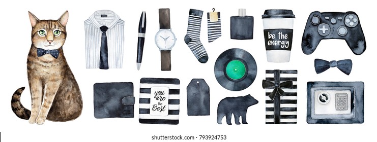 Man presents set. Decor elements for birthday card or other holiday event, male gift ideas guide. Wrapped boxes, men's clothes and stuff. Black and white stripes style. Hand drawn art items, cut out.