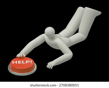 Man pressing a help button, symbolizing seeking assistance or support. 3D rendering, conceptual image. Isolated on white background.