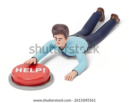 Man pressing a help button, symbolizing seeking assistance or support. 3D rendering, conceptual image. Isolated on white background.