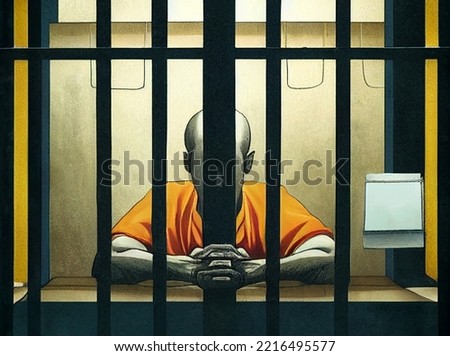 The man in prison is behind bars. Prisoner in solitary confinement