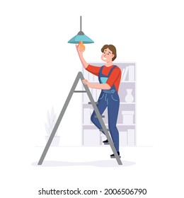 Man provides repair services in homes or offices. Cleaning service professional works on a ladder. illustration. - Powered by Shutterstock