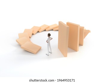 A Man Pushes A Small Domino Down. But Didn't Know How To Turn Back And Find Myself. 3D Scene.