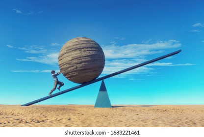 Man Pushing A Big Rock Sphere On Balance . The Concept Of Ambition And Overcoming Obstacles . This Is A 3d Render Illustration 