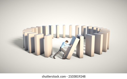 Man Pushing Dominos In A Circle. Karma And Psychology Mindset. This Is A 3d Render Illustration