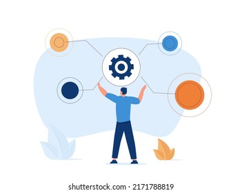 Man Pushing Gearwheel Button And Looking At Dropdown Menu. Concept Of Range Of Options, Choosing Between Different Features, Selection Of Alternatives. Modern Flat Illustration For Banner.