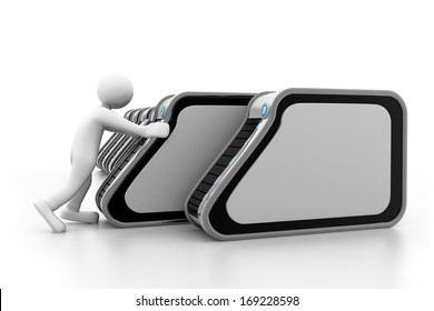 Man pushing server rack 