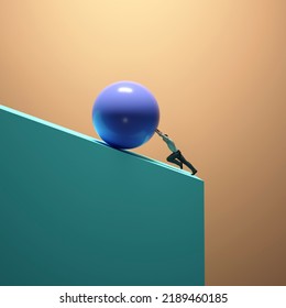 Man Pushing A Sphere On Uphill Close To The Edge . Financial Problems And Struggle Concept . This Is A 3d Render Illustration .