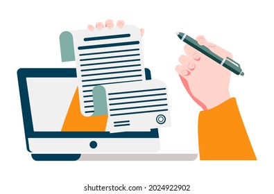 Man Putting Esignature Into Legal Document. Digital Signature Concept. Businessman Signing An Agreement Or Contract Online. Colorful  Illustration In Flat Cartoon Style