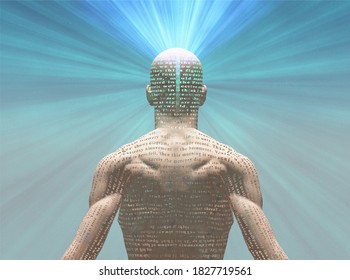 Man Radiates Light From Text On His Skin. The Text Is From HG Wells The Time Machine. 3D Rendering